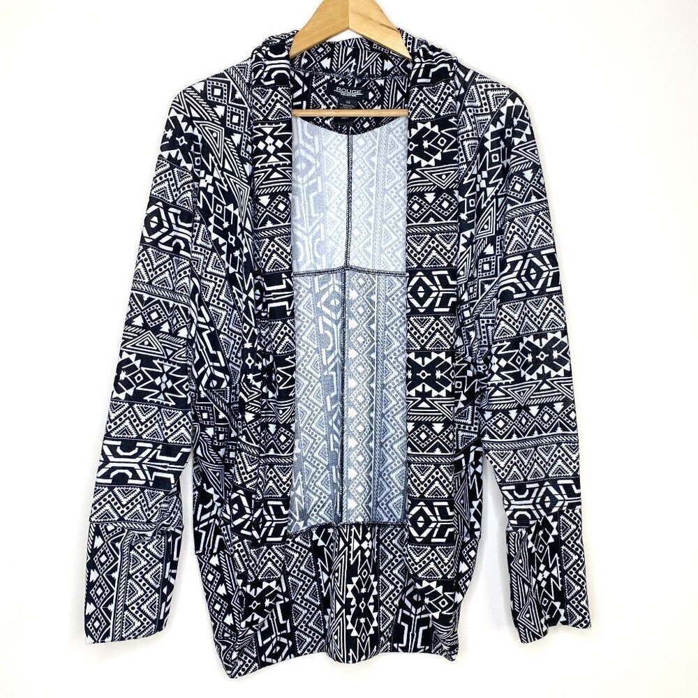 Rouge Collection Women's 3X Black White Aztec Print Long Cardigan Plus Size Boho